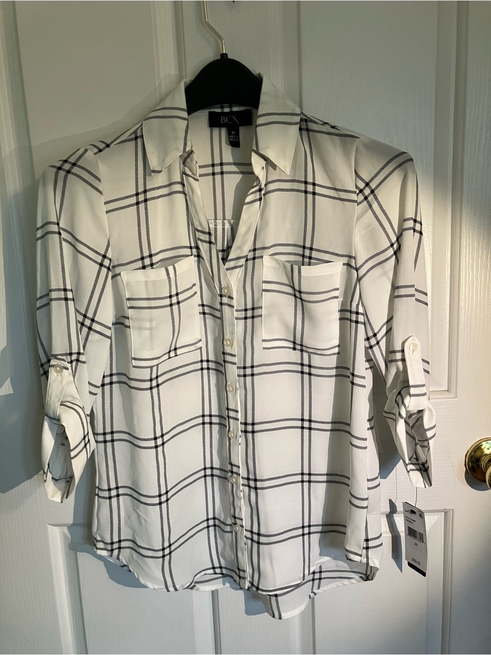BCX White Plaid Roll-Tab Button-Up Shirt